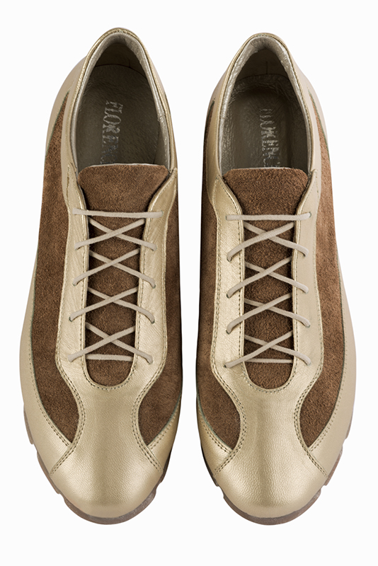 Gold and chocolate brown women's two-tone elegant sneakers. Round toe. Flat rubber soles. Top view - Florence KOOIJMAN